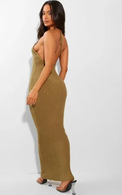 Petite Olive Knitted Open Back Maxi Dress