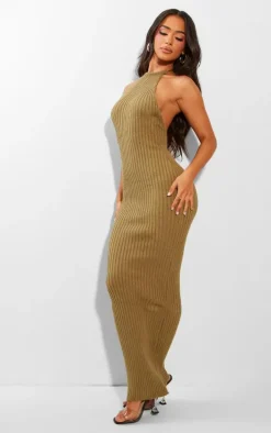 Petite Olive Knitted Open Back Maxi Dress