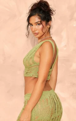 Petite Olive Open Knit Crop Top