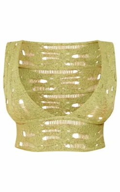 Petite Olive Open Knit Crop Top