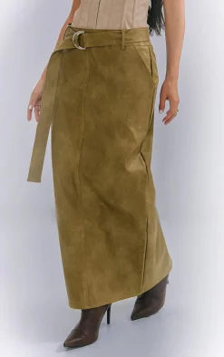 Petite Olive Washed Faux Leather Belted Midi Skirt
