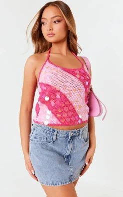 Petite Pink Striped Knitted Halterneck Sequin Top