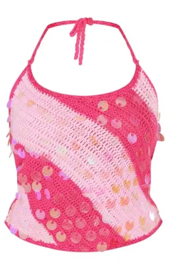 Petite Pink Striped Knitted Halterneck Sequin Top