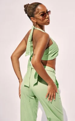 Petite Pistachio Linen Look Ruched Bralet