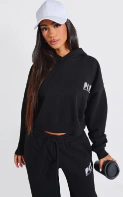 Petite Premium Black Printed Boxy Hoodie