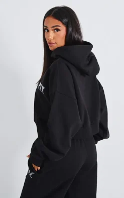 Petite Premium Black Printed Boxy Hoodie