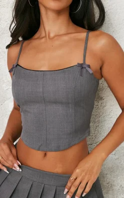 Petite Premium Grey Woven Bow Detail Corset Top