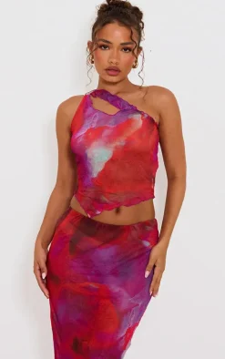 Petite Purple Crushed Mesh Ring Trim Asymmetric Neckline Top