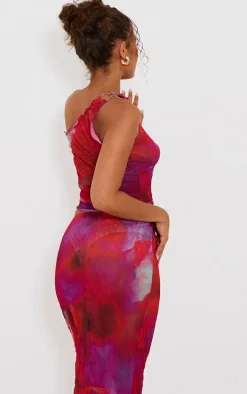 Petite Purple Crushed Mesh Ring Trim Asymmetric Neckline Top