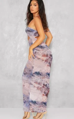 Petite Purple Printed Crushed Mesh Cut Out Maxi Dress