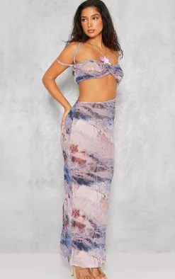 Petite Purple Printed Crushed Mesh Cut Out Maxi Dress