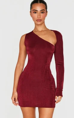 Petite Red Acetate Slinky One Shoulder Cut Out Bodycon Dress