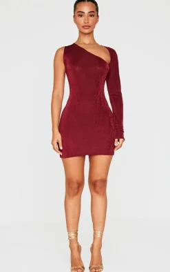 Petite Red Acetate Slinky One Shoulder Cut Out Bodycon Dress