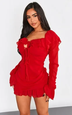 Petite Red Bardot Ruffle Detail Shift Dress