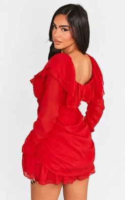 Petite Red Bardot Ruffle Detail Shift Dress
