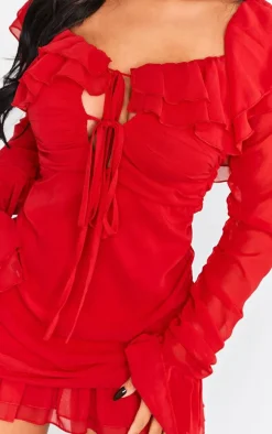 Petite Red Bardot Ruffle Detail Shift Dress
