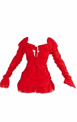 Petite Red Bardot Ruffle Detail Shift Dress