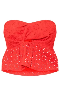Petite Red Broderie Twist Front Crop Top
