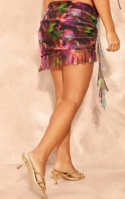 Petite Red Floral Printed Mesh Ruffle Detail Mini Skirt