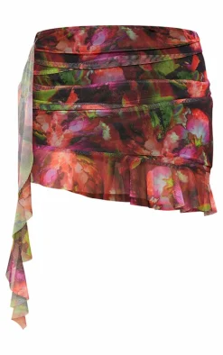 Petite Red Floral Printed Mesh Ruffle Detail Mini Skirt