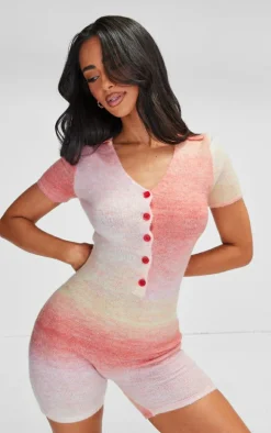 Petite Red Knitted Ombre Button Up Romper