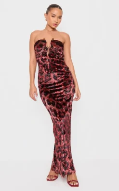 Petite Red Leopard Print Velvet Trim Detail Maxi Dress