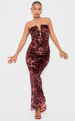 Petite Red Leopard Print Velvet Trim Detail Maxi Dress