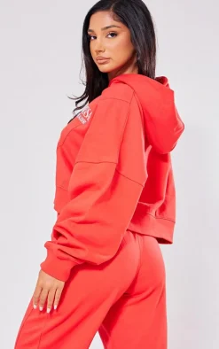 Petite Red Premium Tonal Print Panelled Boxy Hoodie