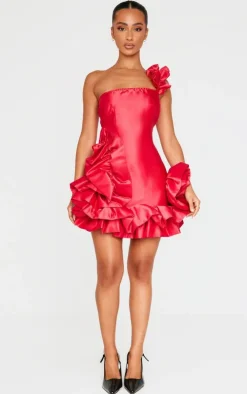 Petite Red Satin Ruffle Hem One Shoulder Mini Dress