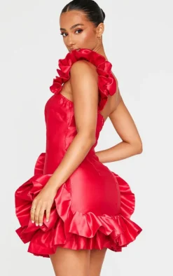 Petite Red Satin Ruffle Hem One Shoulder Mini Dress