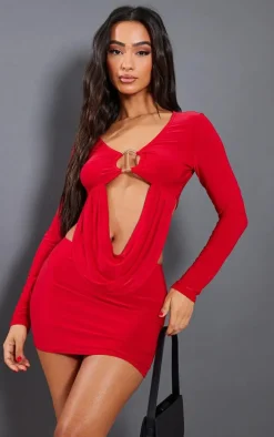 Petite Red Slinky Drape Longsleeve Crop Top