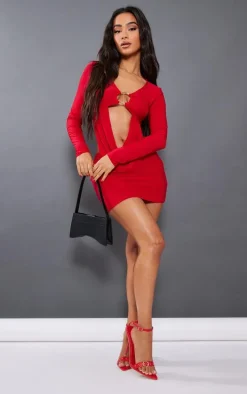 Petite Red Slinky Drape Longsleeve Crop Top