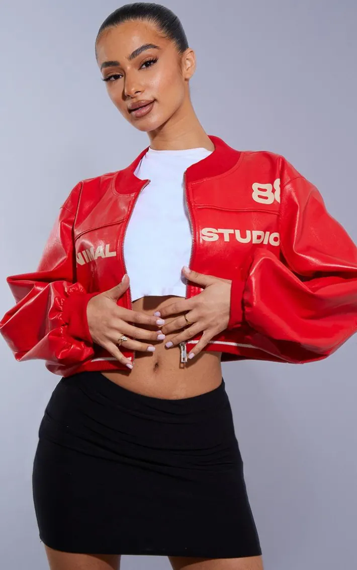 Petite Red Super Cropped PU Racer Jacket