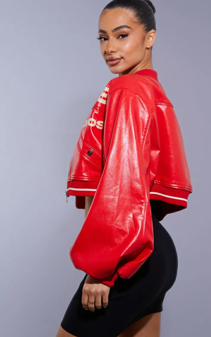 Petite Red Super Cropped PU Racer Jacket