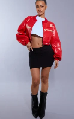 Petite Red Super Cropped PU Racer Jacket