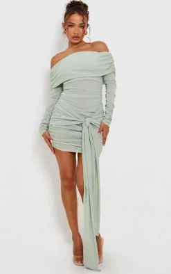 Petite Sage Green Bardot Slinky Extreme Ruched Mini Dress