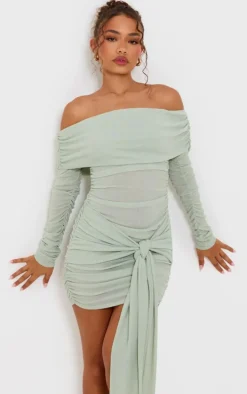 Petite Sage Green Bardot Slinky Extreme Ruched Mini Dress