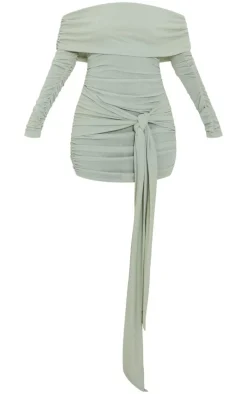 Petite Sage Green Bardot Slinky Extreme Ruched Mini Dress