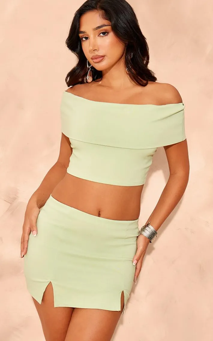 Petite Sage Green Bengaline Off The Shoulder Crop Top
