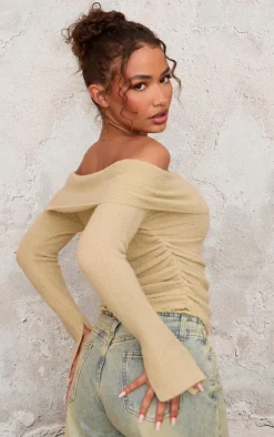 Petite Sage Green Boucle Knit Off Shoulder Ruched Top
