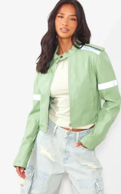 Petite Sage Green Cropped PU Racer Jacket