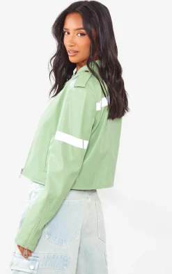 Petite Sage Green Cropped PU Racer Jacket