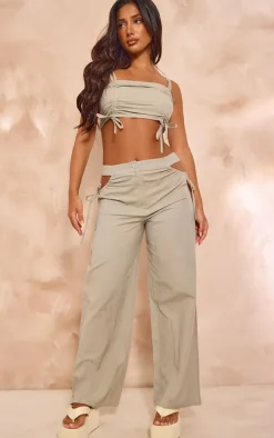 Petite Sage Green Linen Look Ruched Front Crop Top