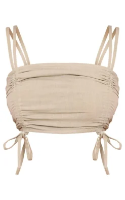 Petite Sage Green Linen Look Ruched Front Crop Top