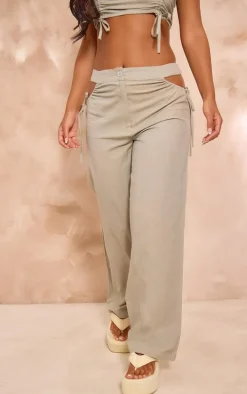 Petite Sage Green Linen Look Cut Out Side Wide Leg Pants