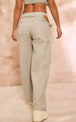 Petite Sage Green Linen Look Cut Out Side Wide Leg Pants