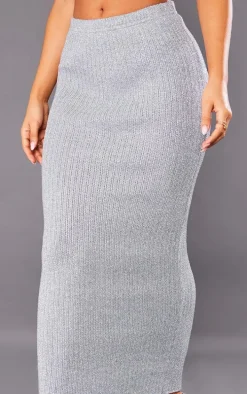 Petite Silver Glitter Knit Low Waist Midaxi Skirt