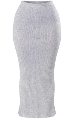 Petite Silver Glitter Knit Low Waist Midaxi Skirt