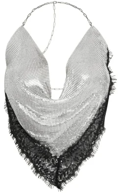 Petite Silver Lace Detail Chainmail Crop Top