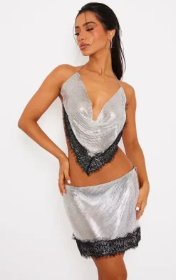 Petite Silver Lace Detail Chainmail Mini Skirt